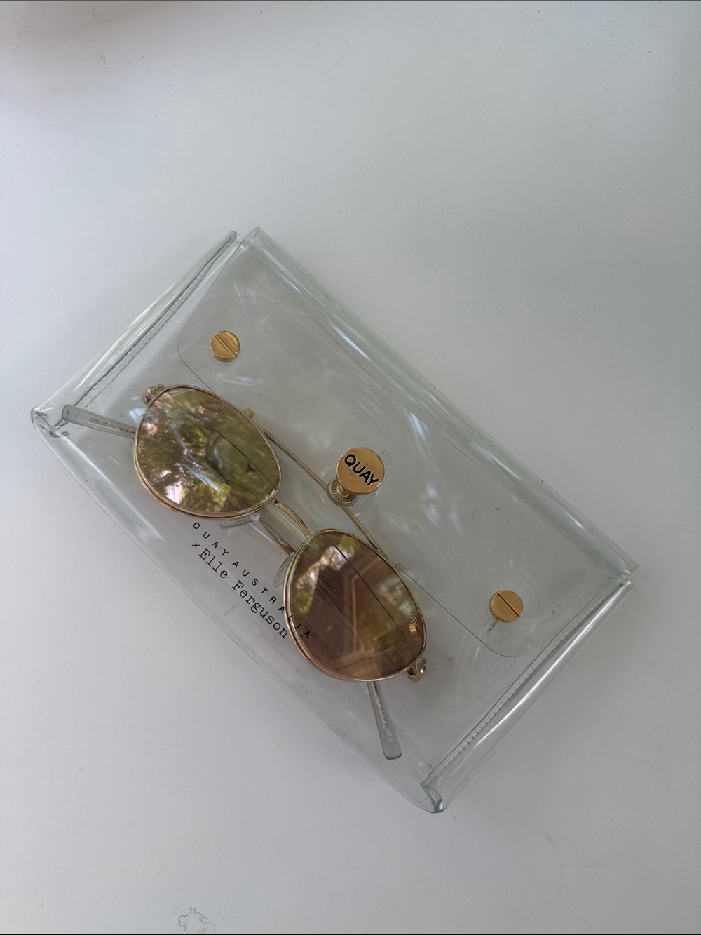 QUAY Pink Gold Oval Sunglasses with Clear Pouch NEW